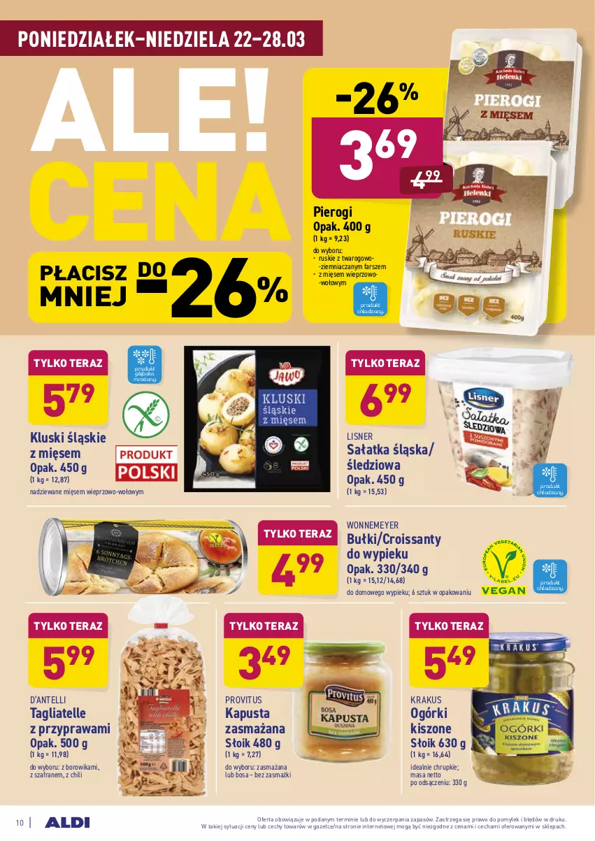 Gazetka promocyjna Aldi - ALE! CENA w ALDI - ważna 22.03 do 27.03.2021 - strona 10 - produkty: Chrupki, Croissant, Fa, Krakus, Lisner, Pierogi, Sałat, Sałatka, Szafran, Tagliatelle, Tera