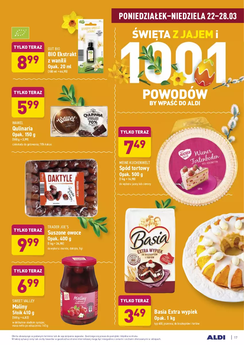 Gazetka promocyjna Aldi - ALE! CENA w ALDI - ważna 22.03 do 27.03.2021 - strona 17 - produkty: Basia, Czekolada, Daktyle, Figi, Kakao, Maliny, Owoce, Syrop, Tera, Wawel