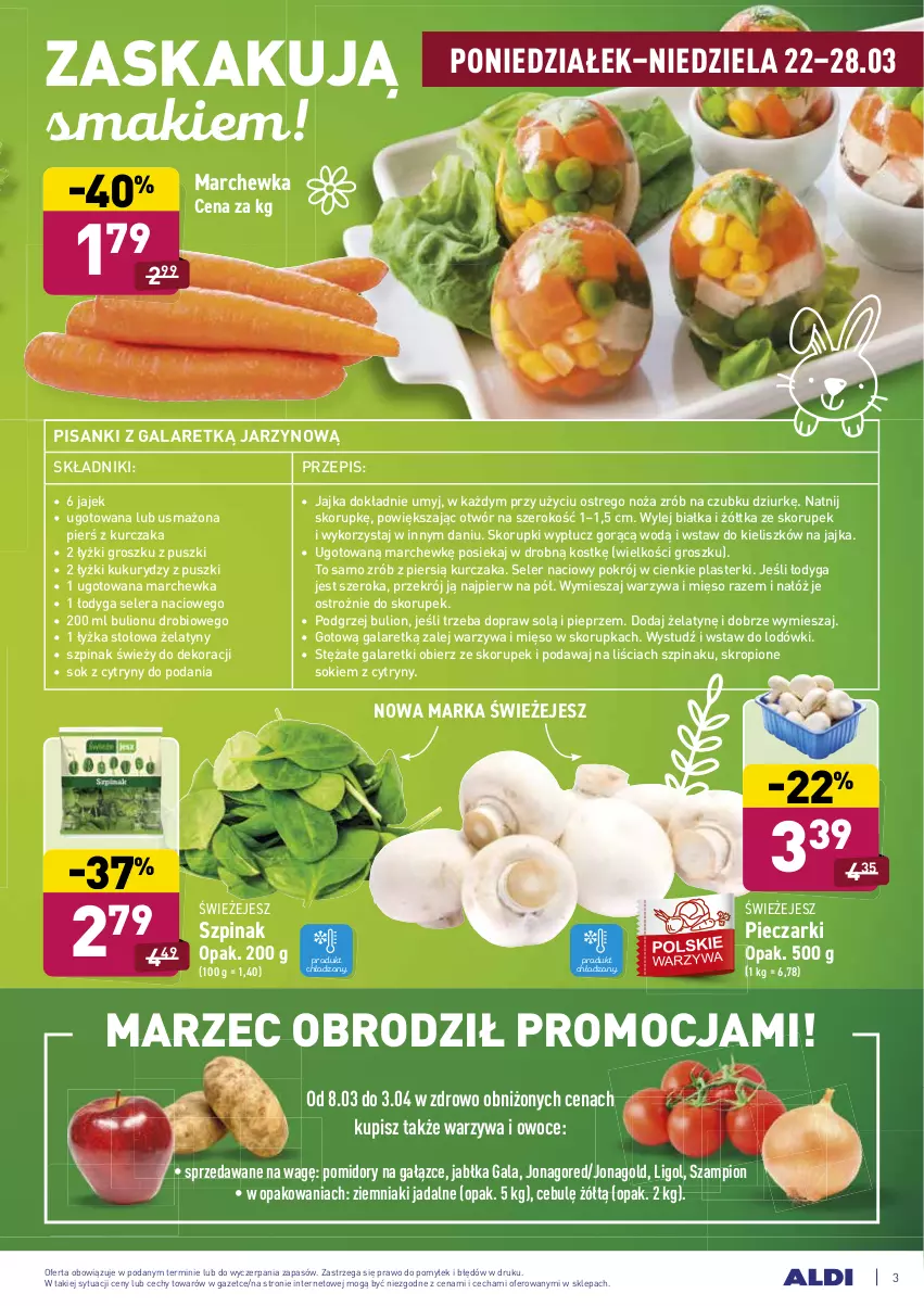 Gazetka promocyjna Aldi - ALE! CENA w ALDI - ważna 22.03 do 27.03.2021 - strona 3 - produkty: Bulion, Cytryny, Gala, Galaretki, Jabłka, Jonagold, Kurczak, Ligol, Lion, Marchewka, Mięso, Noż, Owoce, Piec, Pieprz, Plasterki, Pomidory, Sanki, Seler naciowy, Sok, Szampion, Szpinak, Warzywa, Warzywa i owoce, Ziemniaki