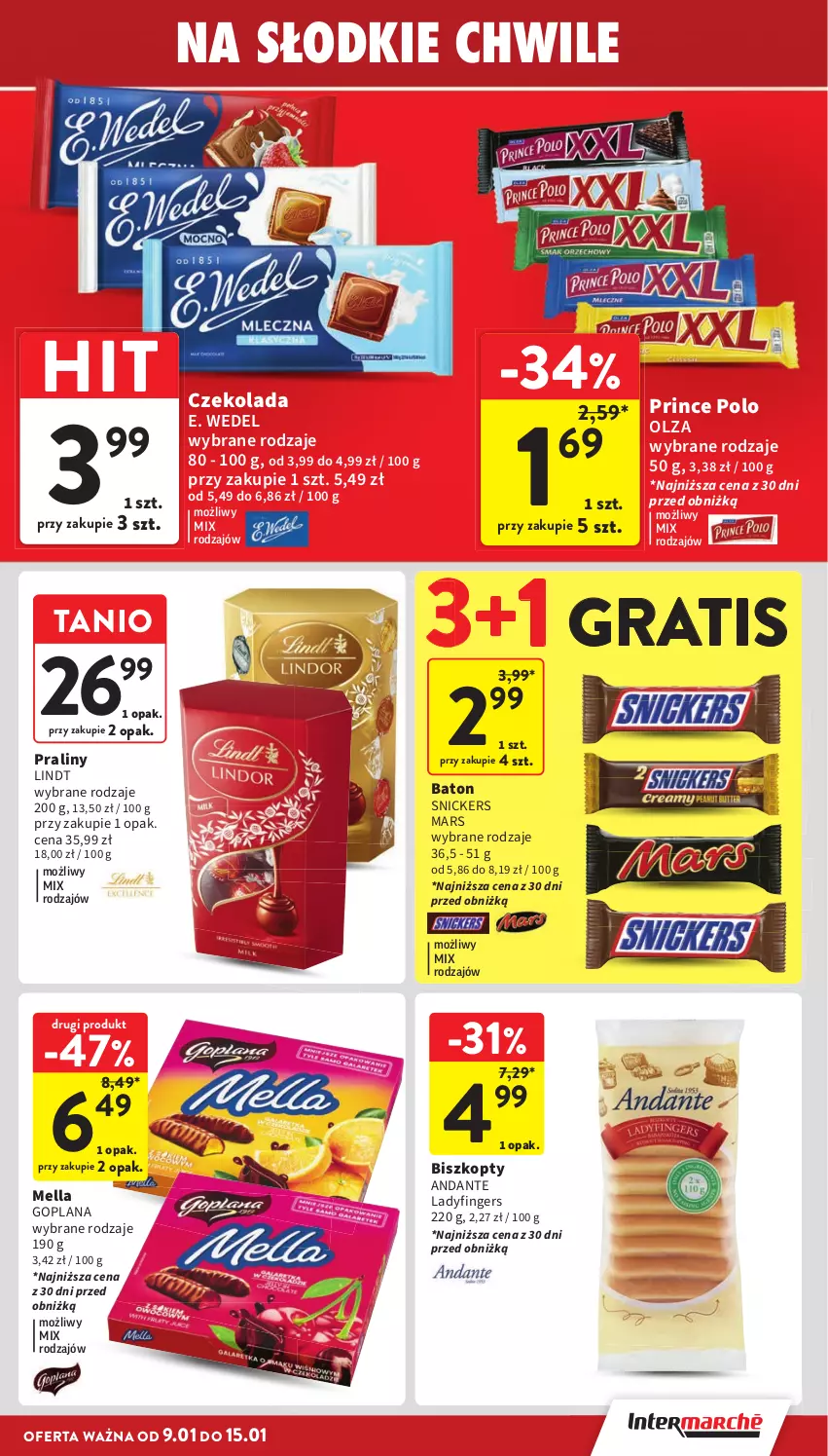 Gazetka promocyjna Intermarche - ważna 09.01 do 15.01.2025 - strona 29 - produkty: Baton, Biszkopty, Czekolada, E. Wedel, Goplana, Gra, LANA, Lindt, Mars, Praliny, Prince Polo, Snickers