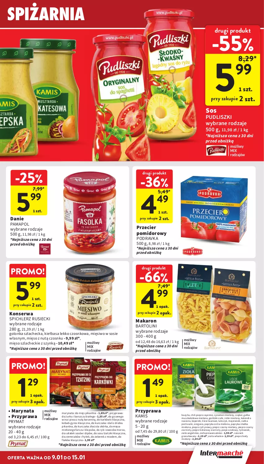 Gazetka promocyjna Intermarche - ważna 09.01 do 15.01.2025 - strona 31 - produkty: Bazyl, Bazylia, Czosnek, Czosnek granulowany, Fa, Gałka, Gra, Gyros, Imbir, Kamis, Kebab, Kiełbasa, Kolendra, Kurczak, Laur, Makaron, Mięso, Mus, Natka pietruszki, Papryka, Papryka słodka, Pieprz, Piwa, Podravka, Prymat, Pudliszki, Sałat, Ser, Sos, Spichlerz Rusiecki, Ziele angielskie