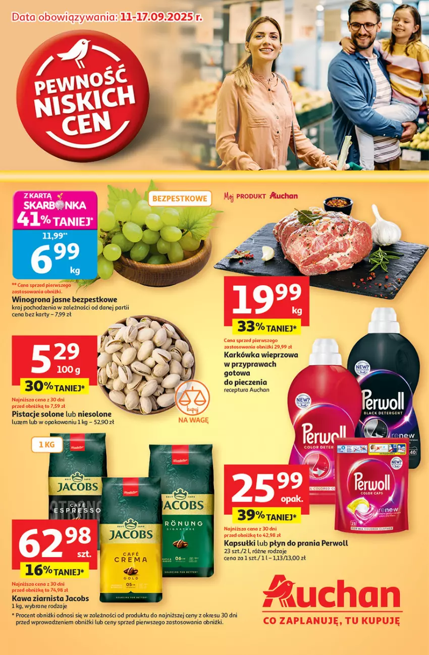 Gazetka promocyjna Auchan - Pewność niskich cen Hipermarket - ważna 11.09 do 17.09.2025 - strona 1 - produkty: Jacobs, Karkówka wieprzowa, Kawa, Kawa ziarnista, Perwoll, Piec, Pistacje, Płyn do prania, Wino, Winogrona