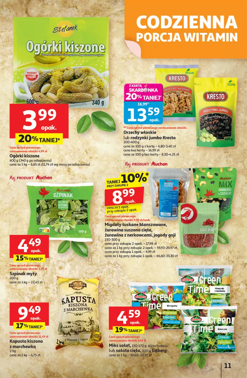 Gazetka promocyjna Auchan - Pewność niskich cen Hipermarket - ważna 11.09 do 17.09.2025 - strona 11 - produkty: Jagody, Jagody goji, Migdały, Migdały łuskane, Orzechy włoskie, Rodzynki, Sałat, Szpinak