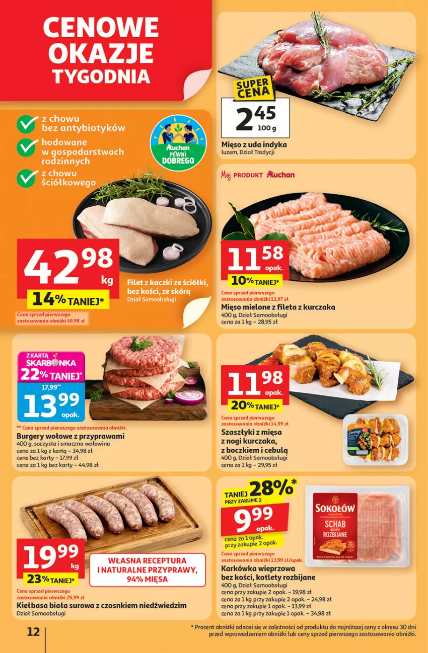 Gazetka promocyjna Auchan - Pewność niskich cen Hipermarket - ważna 11.09 do 17.09.2025 - strona 12 - produkty: Burger, Karkówka wieprzowa, Kiełbasa, Kiełbasa biała, Kotlet, Kurczak, Mięso, Mięso mielone, Przyprawy, Wołowina