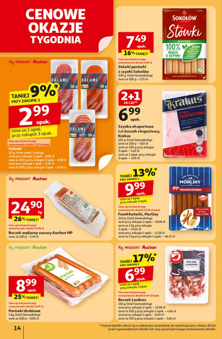 Gazetka promocyjna Auchan - Pewność niskich cen Hipermarket - ważna 11.09 do 17.09.2025 - strona 14 - produkty: Boczek, Fa, Frankfurterki, Krakus, Morliny, Parówki, Parówki z szynki, Por, Sok, Sokołów, Sport, Szynka