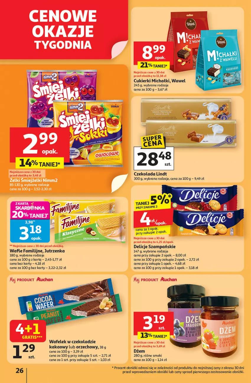 Gazetka promocyjna Auchan - Pewność niskich cen Hipermarket - ważna 11.09 do 17.09.2025 - strona 26 - produkty: Cukier, Cukierki, Czekolada, Delicje, Dżem, Fa, Jutrzenka, Kakao, Lindt, Michałki, Wafelek, Wafle, Wawel