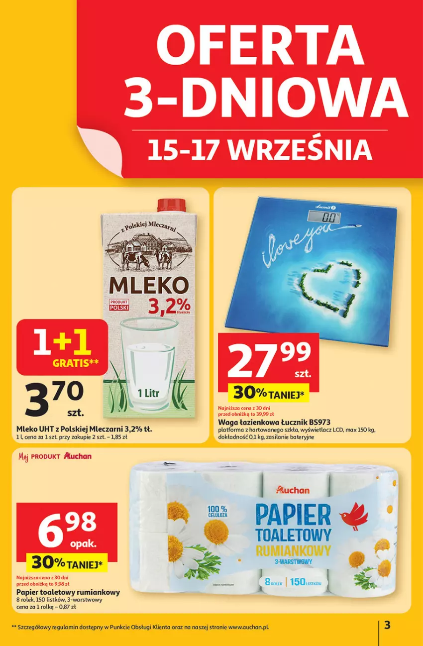 Gazetka promocyjna Auchan - Pewność niskich cen Hipermarket - ważna 11.09 do 17.09.2025 - strona 3 - produkty: Mleko, Papier, Papier toaletowy, Rum, Silan, Waga, Waga łazienkowa