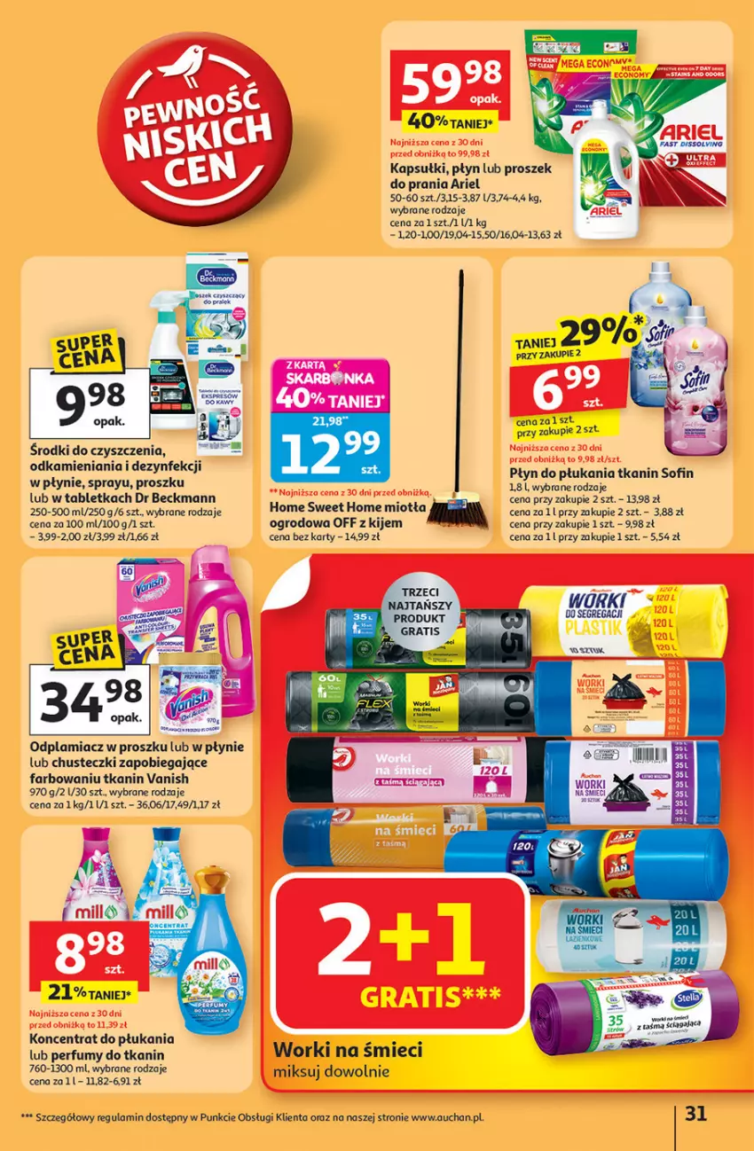 Gazetka promocyjna Auchan - Pewność niskich cen Hipermarket - ważna 11.09 do 17.09.2025 - strona 31 - produkty: Ariel, Chusteczki, Fa, Kije, Miotła, Odplamiacz, Perfum, Płyn do płukania, Proszek do prania, Tablet, Vanish, Worki na śmiec, Worki na śmieci