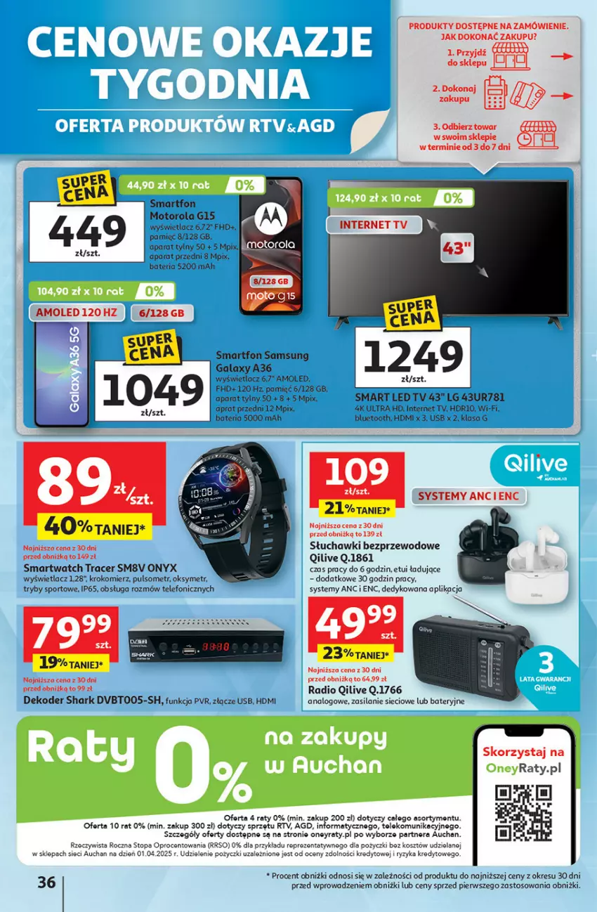 Gazetka promocyjna Auchan - Pewność niskich cen Hipermarket - ważna 11.09 do 17.09.2025 - strona 36 - produkty: Acer, Amol, Bateria, Gala, Kosz, Krokomierz, LED TV, LG, Motorola, Por, Samsung, Silan, Słuchawki, Słuchawki bezprzewodowe, Smartfon, Smartwatch, Sport, Telefon, Top