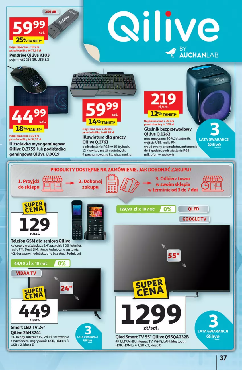 Gazetka promocyjna Auchan - Pewność niskich cen Hipermarket - ważna 11.09 do 17.09.2025 - strona 37 - produkty: Akumulator, Głośnik, Gra, Gry, HD ready, Klawiatura, Latarka, LED TV, Mikrofon, Mysz, Pendrive, Podkład, Podkładka, Ryba, Smart tv, Smartfon, Sos, Tarka, Telefon
