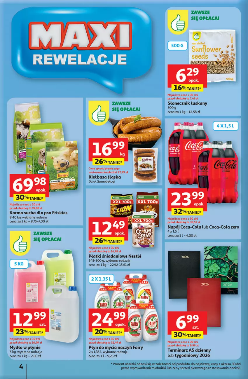 Gazetka promocyjna Auchan - Pewność niskich cen Hipermarket - ważna 11.09 do 17.09.2025 - strona 4 - produkty: Coca-Cola, Danio, Do mycia naczyń, Fa, Fairy, Friskies, Kiełbasa, Kiełbasa śląska, Mydło, Mydło w płynie, Napój, Płyn do mycia, Płyn do mycia naczyń