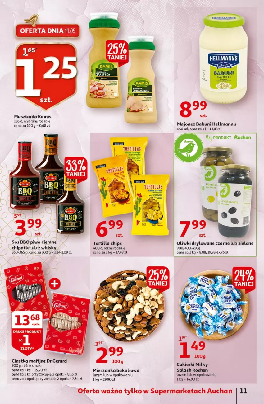 Gazetka promocyjna Auchan - 25 Urodziny #4 Supermarkety - ważna 14.05 do 21.05.2021 - strona 11 - produkty: Babuni, Ciastka, Cukier, Cukierki, Dr Gerard, Kamis, Majonez, Mieszanka bakaliowa, Mus, Musztarda, Oliwki, Piwo, Por, Sos, Tortilla, Tortilla Chips, Whisky