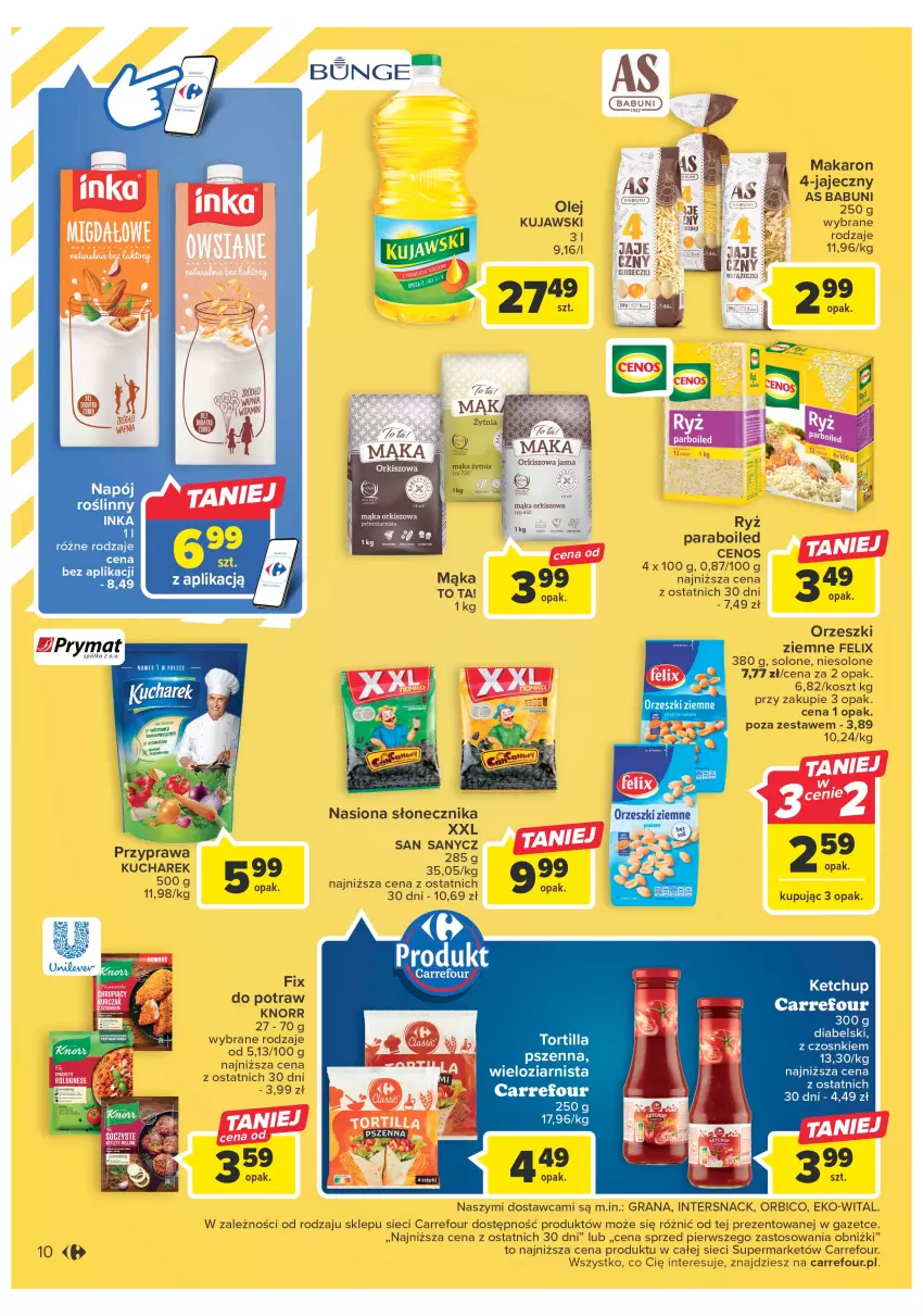 Gazetka promocyjna Carrefour - Gazetka Market - ważna 24.04 do 06.05.2023 - strona 10 - produkty: Babuni, BIC, Cenos, Felix, Gra, Ketchup, Knorr, Kosz, Kucharek, Kujawski, Makaron, Olej, Orzeszki, Orzeszki ziemne, Półka, Prymat, Ryż, Tortilla