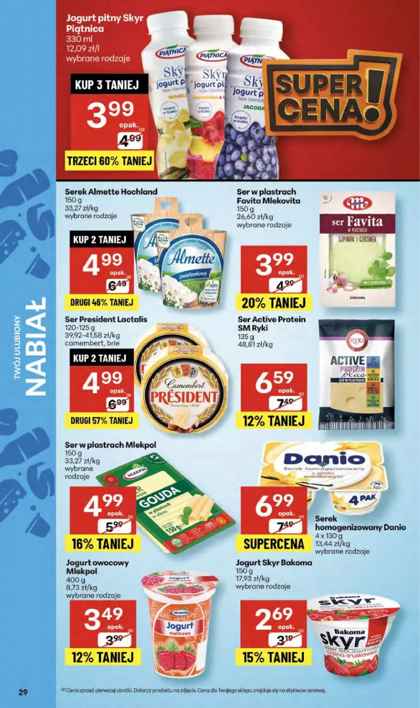 Gazetka promocyjna Delikatesy Centrum - Franczyza DC38 Czwartek - ważna 18.09 do 24.09.2025 - strona 29 - produkty: Almette, Bakoma, Brie, Camembert, Danio, Fa, Favita, Hochland, Jogurt, Jogurt owocowy, Mleko, Mlekovita, Ser, Serek, Skyn