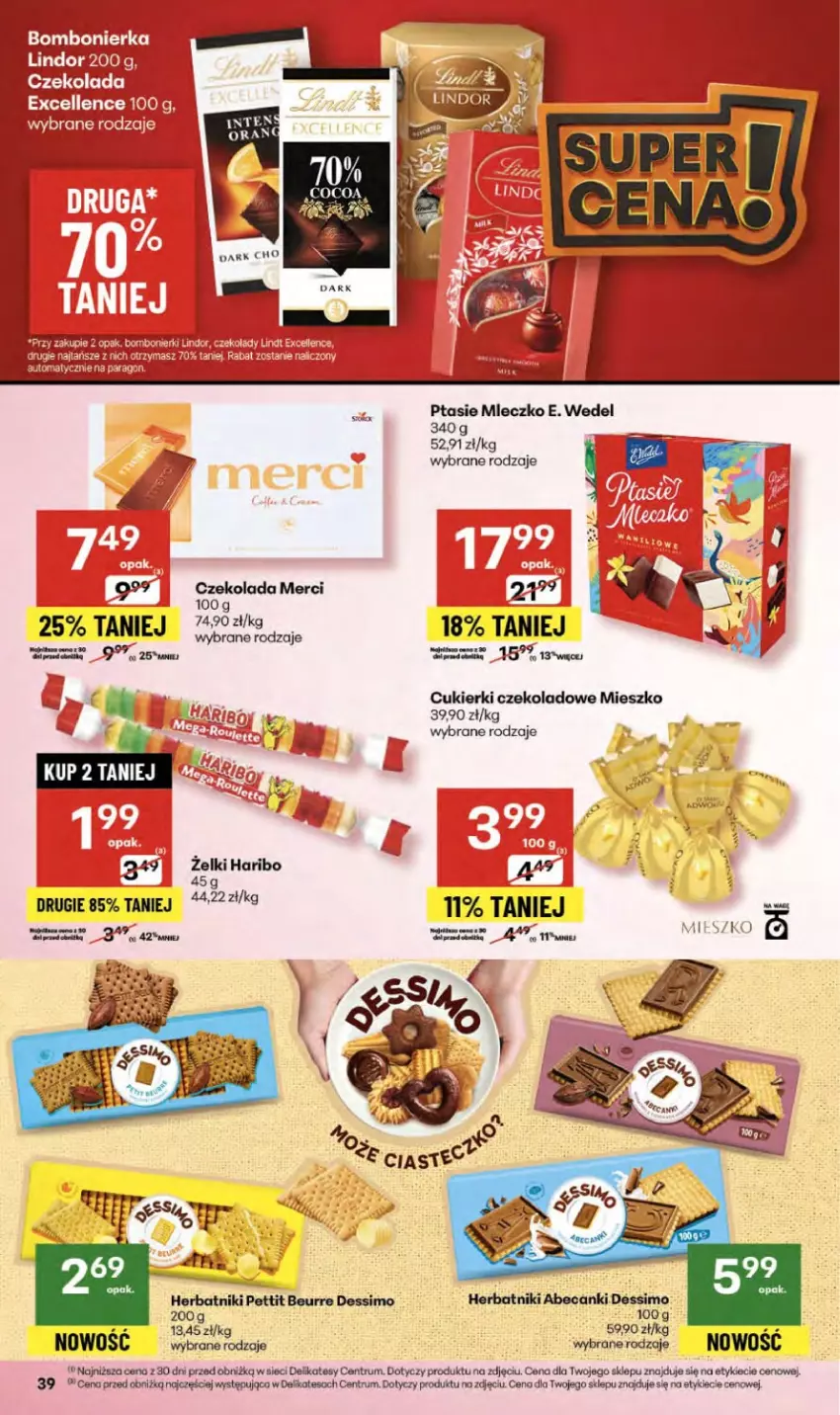 Gazetka promocyjna Delikatesy Centrum - Franczyza DC38 Czwartek - ważna 18.09 do 24.09.2025 - strona 39 - produkty: Cukier, Cukierki, Cukierki czekoladowe, Czekolada, Haribo, Herbatniki, Lindor, Merci, Por, Rum, Taca