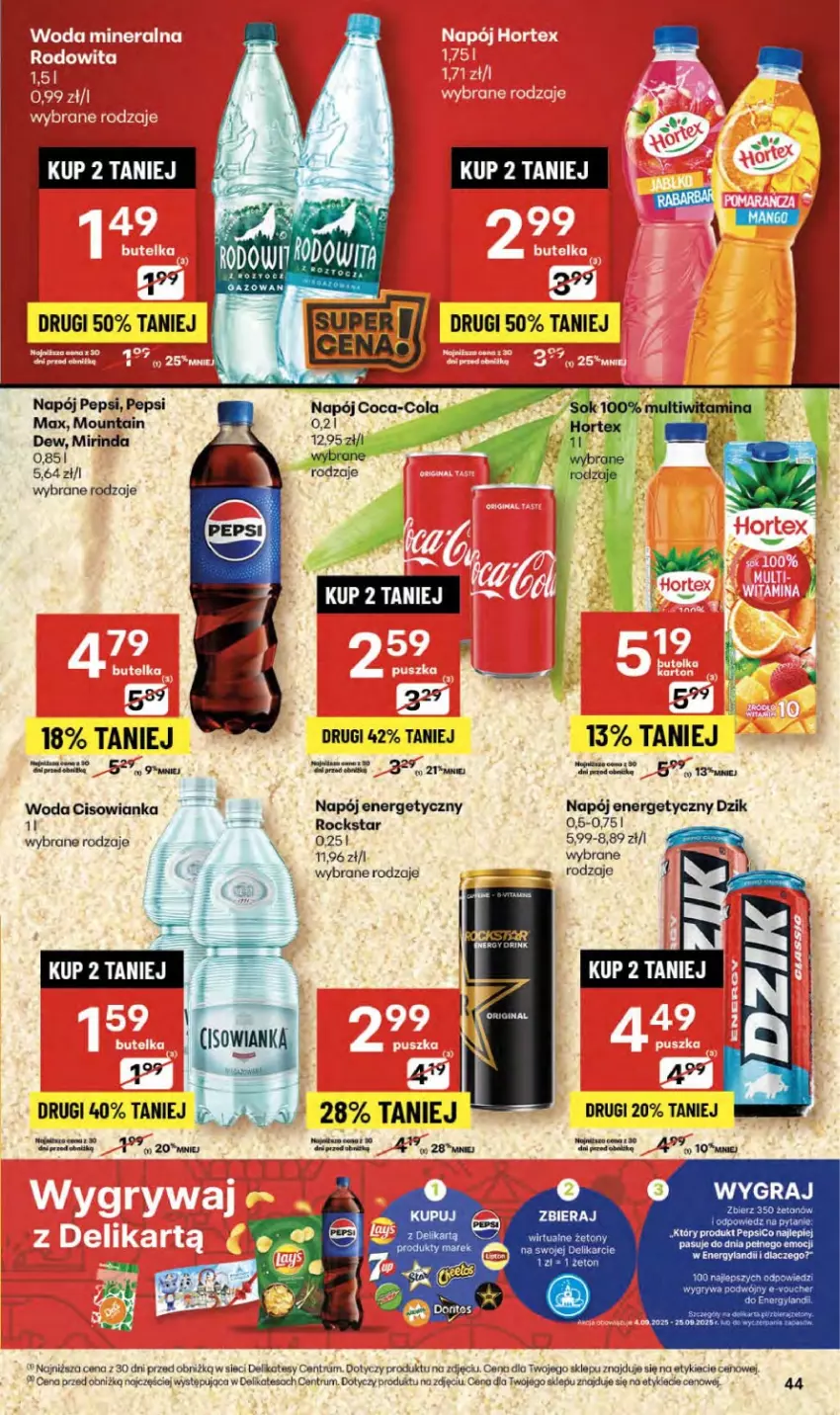 Gazetka promocyjna Delikatesy Centrum - Franczyza DC38 Czwartek - ważna 18.09 do 24.09.2025 - strona 44 - produkty: Cisowianka, Coca-Cola, Fa, Gra, Mirinda, Napój, Napój energetyczny, Pepsi, Rama, Rum, Woda