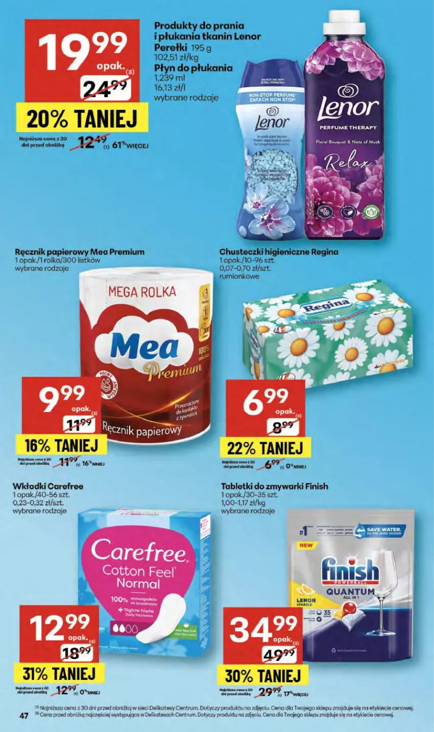 Gazetka promocyjna Delikatesy Centrum - Franczyza DC38 Czwartek - ważna 18.09 do 24.09.2025 - strona 47 - produkty: Carefree, Chusteczki, Finish, Lenor, Papier, Ręcznik, Rum, Tablet, Tabletki do zmywarki, Wkładki, Zmywarki