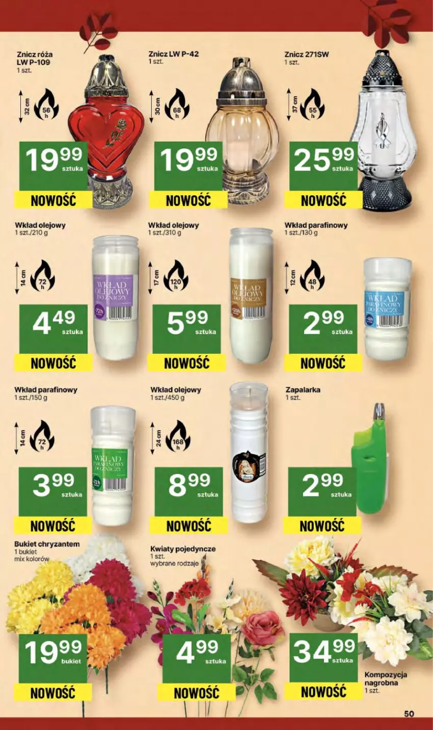 Gazetka promocyjna Delikatesy Centrum - Franczyza DC38 Czwartek - ważna 18.09 do 24.09.2025 - strona 50 - produkty: Bukiet, Olej, Róża, Wkład olejowy, Zapalarka, Znicz