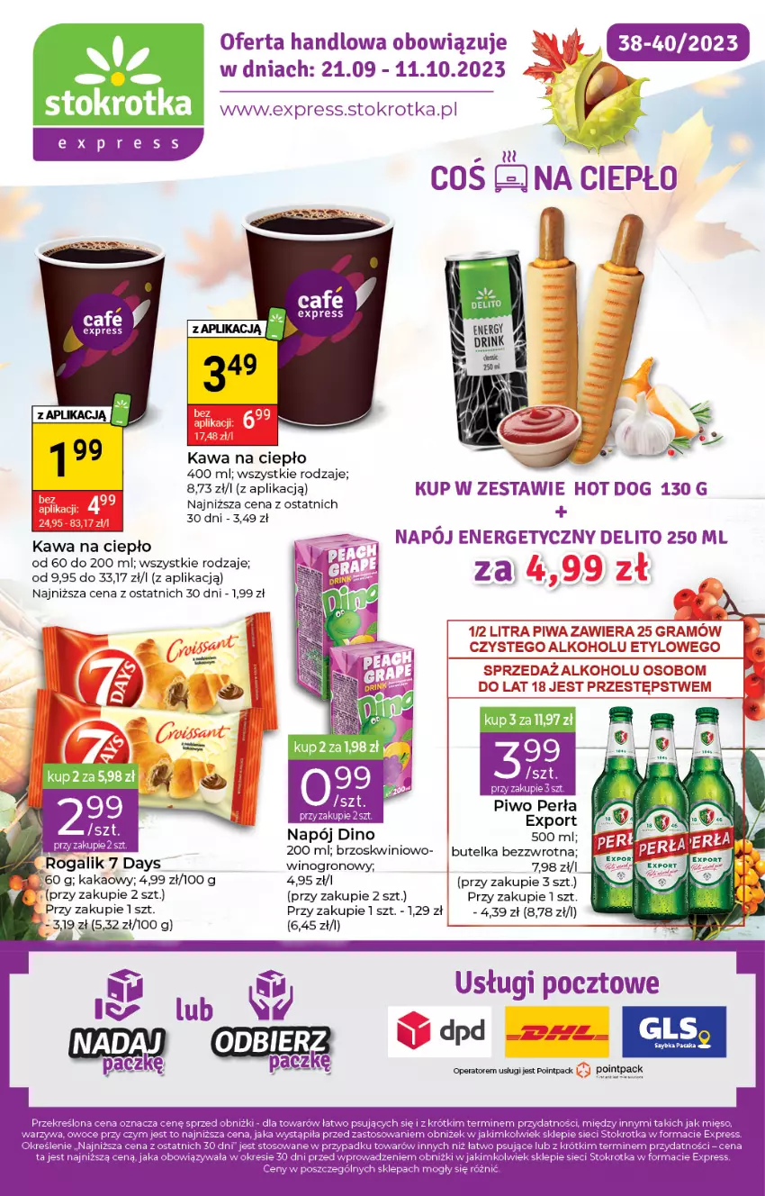 Gazetka promocyjna Stokrotka - Stokrotka Express - ważna 21.09 do 27.09.2023 - strona 1 - produkty: 7 Days, Kakao, Kawa, Napój, Perła, Piwo, Por, Rogal, Wino