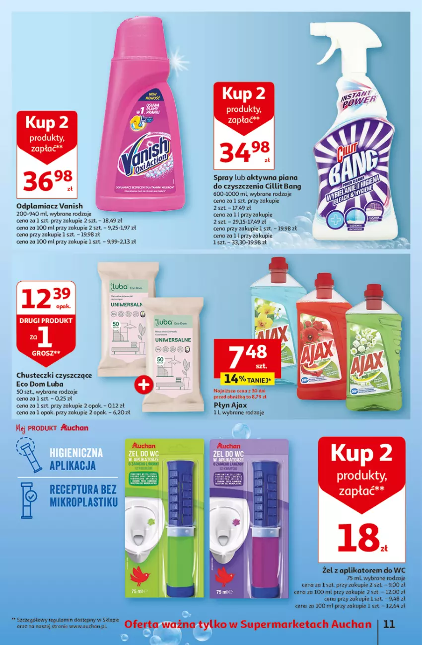 Gazetka promocyjna Auchan - Gazetka z MAŁĄ CENKĄ dźwigniesz więcej! Supermarket Auchan - ważna 15.02 do 21.02.2024 - strona 11 - produkty: Ajax, Chusteczki, Cillit Bang, Odplamiacz, Vanish