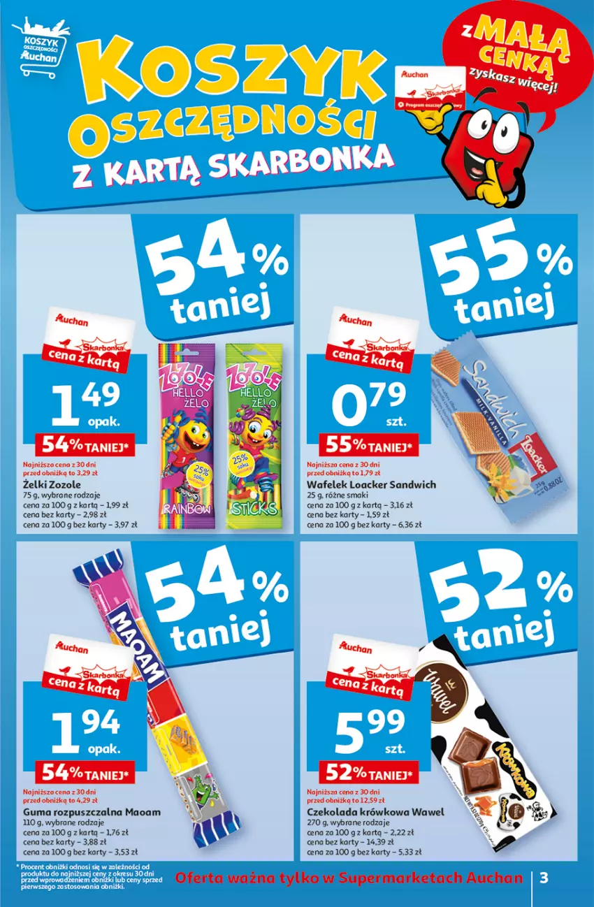 Gazetka promocyjna Auchan - Gazetka z MAŁĄ CENKĄ dźwigniesz więcej! Supermarket Auchan - ważna 15.02 do 21.02.2024 - strona 3 - produkty: Czekolada, Guma rozpuszczalna, Kosz, Wafelek, Wawel