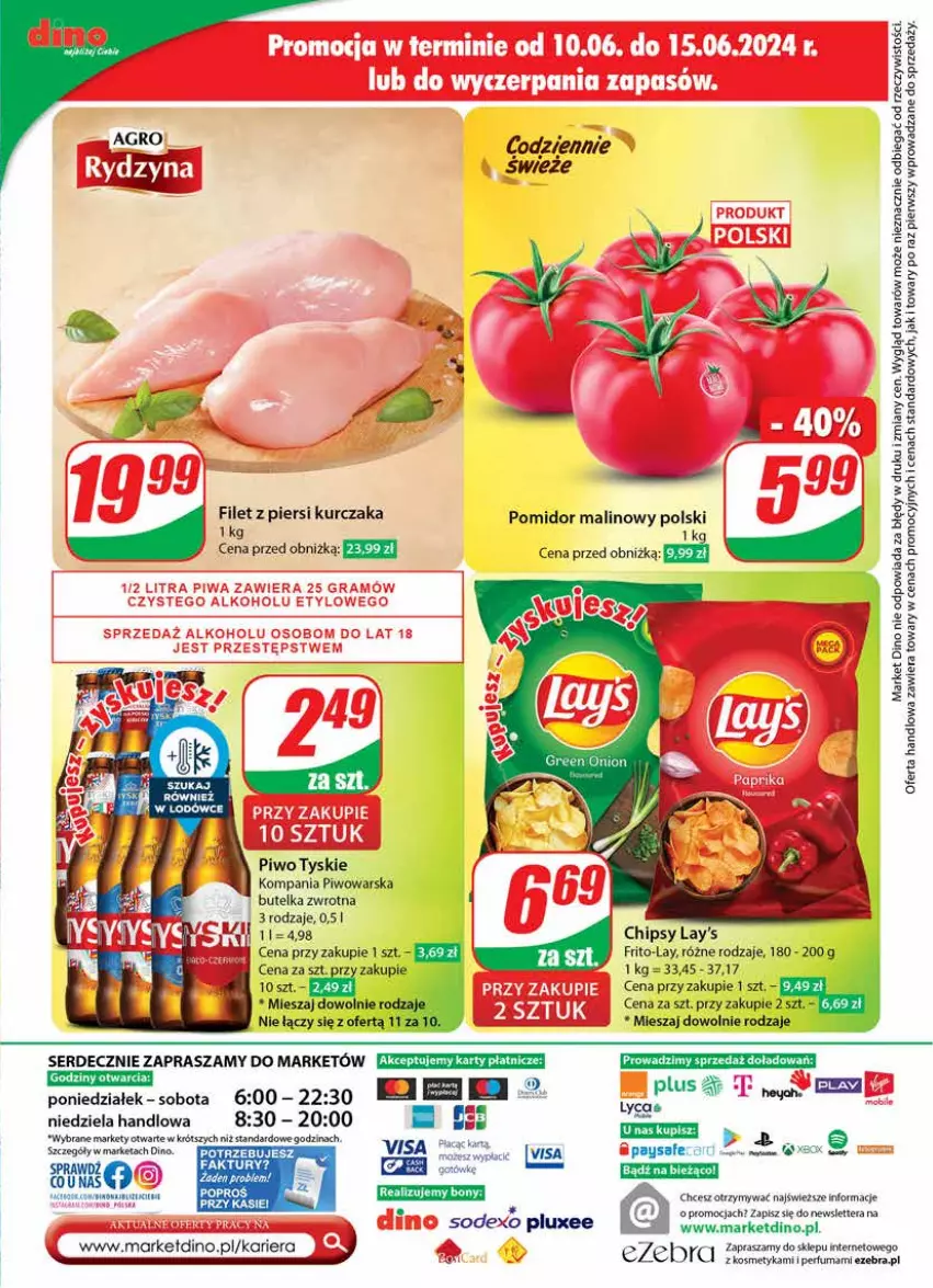 Gazetka promocyjna Dino - Gazetka 24 / 2024 - ważna 12.06 do 18.06.2024 - strona 65 - produkty: Chipsy, Fa, Filet z piersi kurczaka, Kurczak, Perfum, Piwo, Pomidor malinowy, Ser, Tera, Tyskie