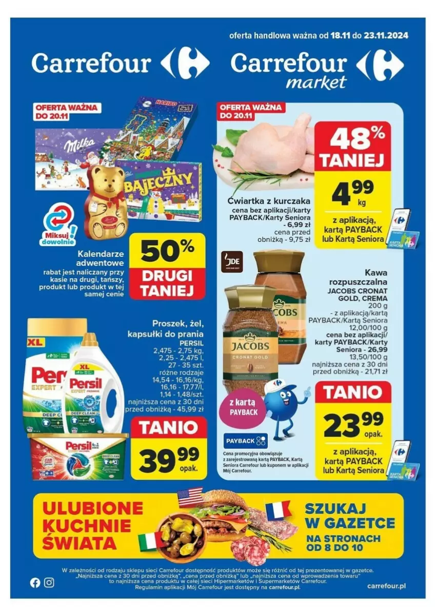 Gazetka promocyjna Carrefour - ważna 18.11 do 23.11.2024 - strona 1 - produkty: Fa, Jacobs, Kalendarz, Kapsułki do prania, Kawa, Kawa rozpuszczalna, Kurczak, Persil