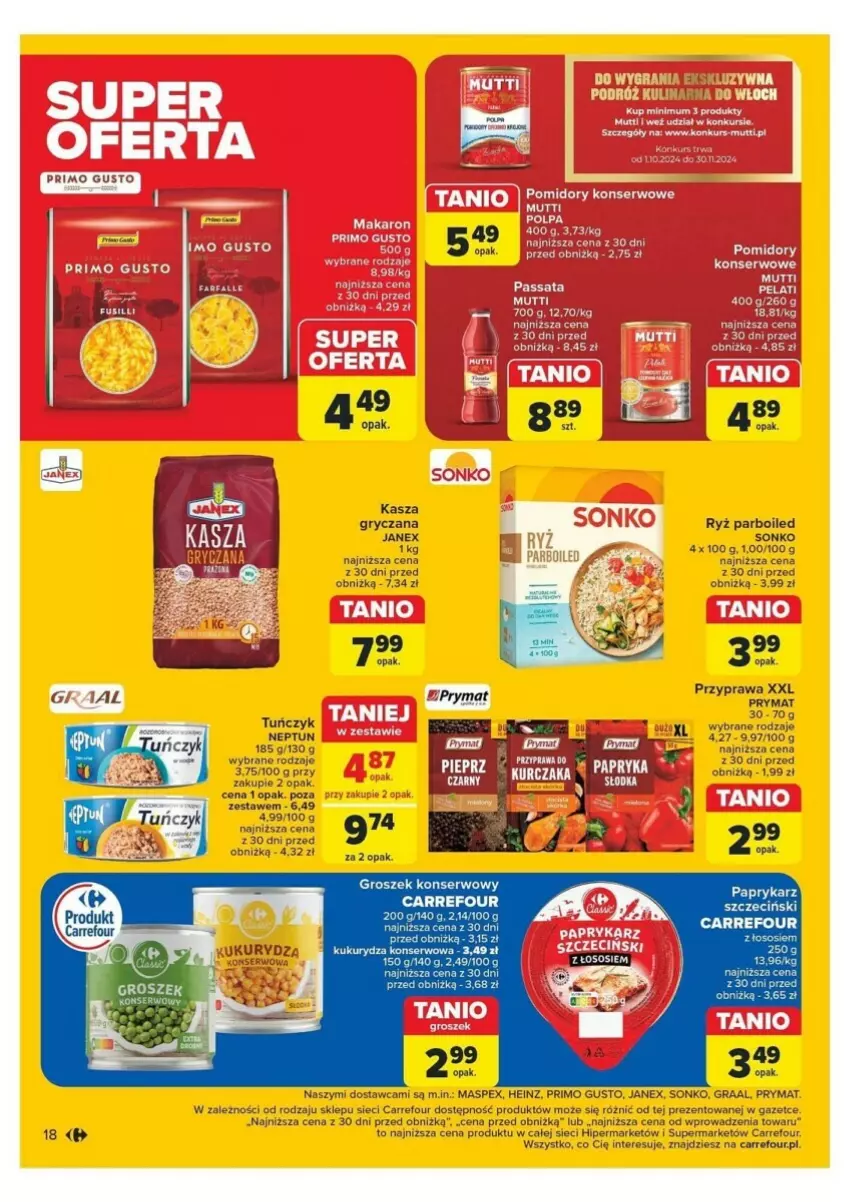 Gazetka promocyjna Carrefour - ważna 18.11 do 23.11.2024 - strona 10 - produkty: Fa, Gra, Graal, Groszek, Gry, Heinz, Kasza, Kasza gryczana, Kukurydza, Papryka, Paprykarz, Prymat, Ryż, Ryż parboiled, Ser, Sonko, Tuńczyk