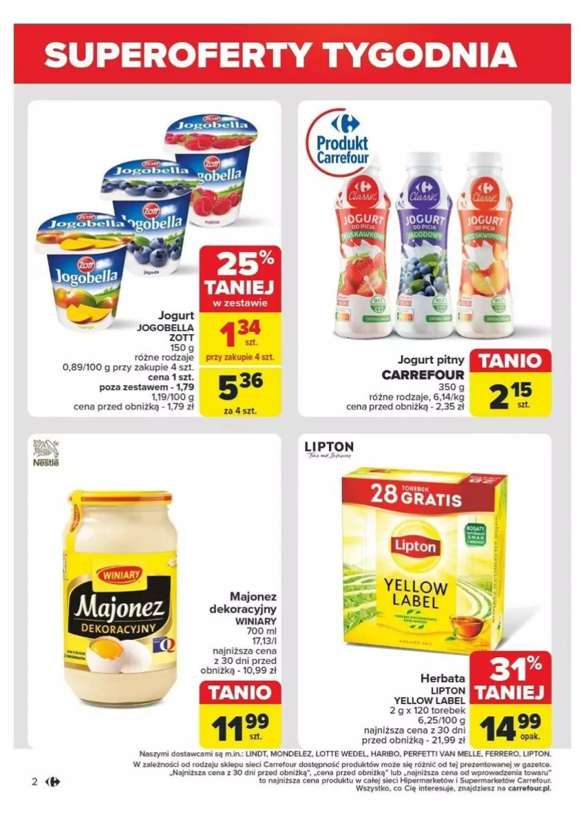 Gazetka promocyjna Carrefour - ważna 18.11 do 23.11.2024 - strona 12 - produkty: Bell, Bella, Fa, Ferrero, Haribo, Herbata, Jogobella, Jogurt, Lindt, Lipton, Majonez, Winiary, Zott