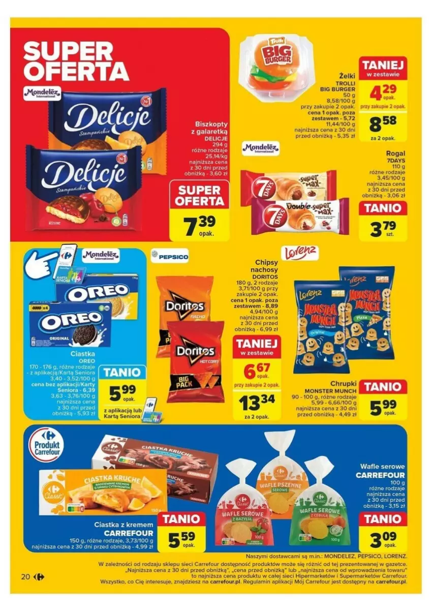 Gazetka promocyjna Carrefour - ważna 18.11 do 23.11.2024 - strona 13 - produkty: Burger, Chipsy, Chipsy nachos, Chrupki, Ciastka, Fa, Lorenz, Monster Munch, Oreo, Rogal, Ser, Wafle