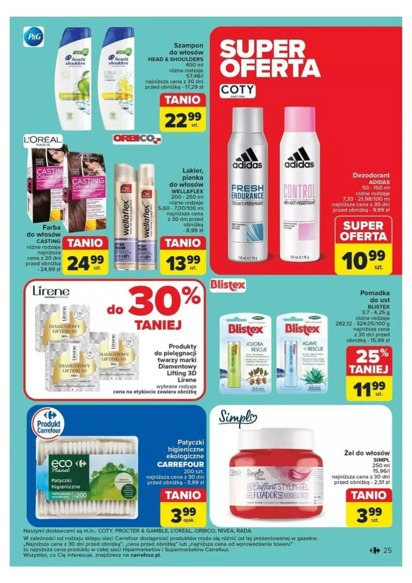 Gazetka promocyjna Carrefour - ważna 18.11 do 23.11.2024 - strona 18 - produkty: Adidas, BIC, Dezodorant, Doom, Fa, Farba do włosów, Lakier, Lirene, Nivea, Szampon, Wella, Wellaflex