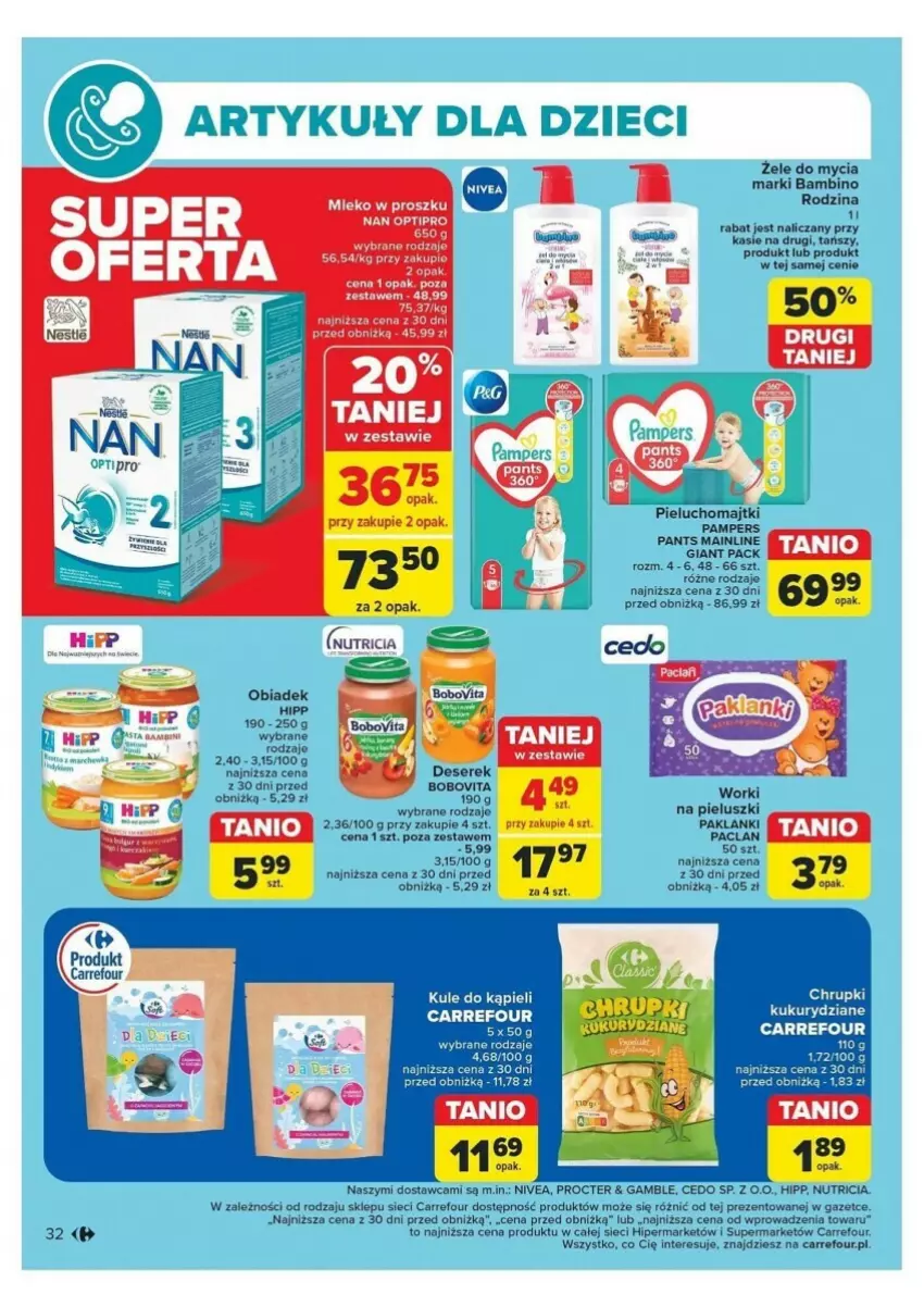 Gazetka promocyjna Carrefour - ważna 18.11 do 23.11.2024 - strona 26 - produkty: Deser, HiPP, Lanki, Majtki, Mleko, Mleko w proszku, Nivea, Pampers, Pieluchomajtki, Ser, Serek