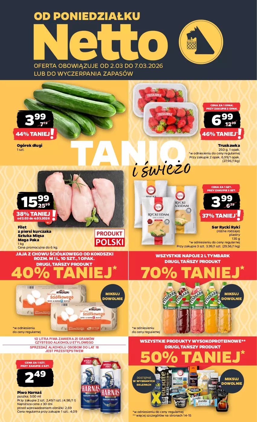 Gazetka promocyjna Netto - Od Poniedziałku - ważna 02.03 do 07.03.2026 - strona 1 - produkty: Filet z piersi kurczaka, Gra, Harnaś, Jaja, Kokos, Kosz, Kurczak, Napoje, Ogórek, Piwa, Piwo, Ser, Sok, Tymbark