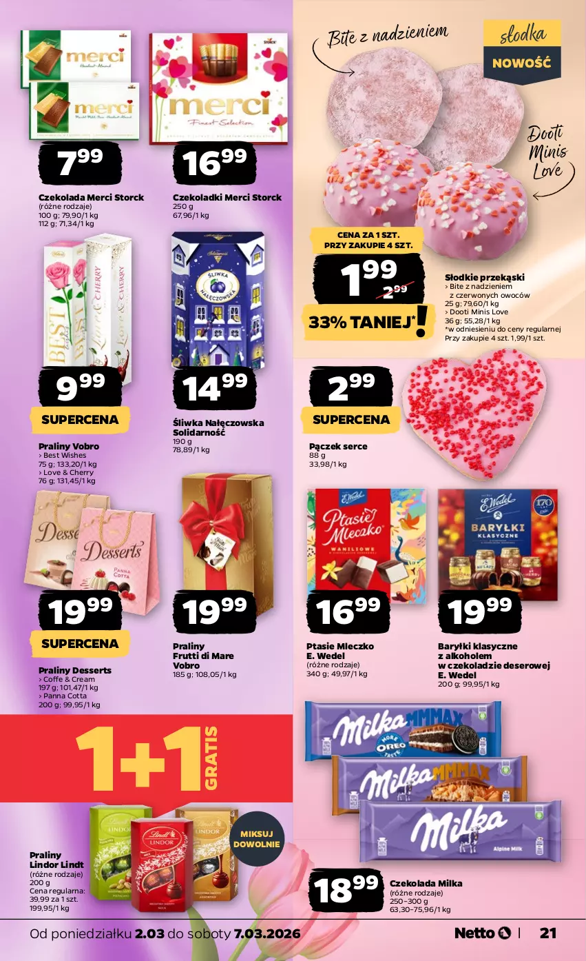 Gazetka promocyjna Netto - Od Poniedziałku - ważna 02.03 do 07.03.2026 - strona 21 - produkty: Alkohole, Baryłki, Czekolada, Deser, E. Wedel, Gra, Lindor, Lindt, Merci, Milka, Mleczko, Pączek, Panna cotta, Praliny, Ptasie mleczko, Ser