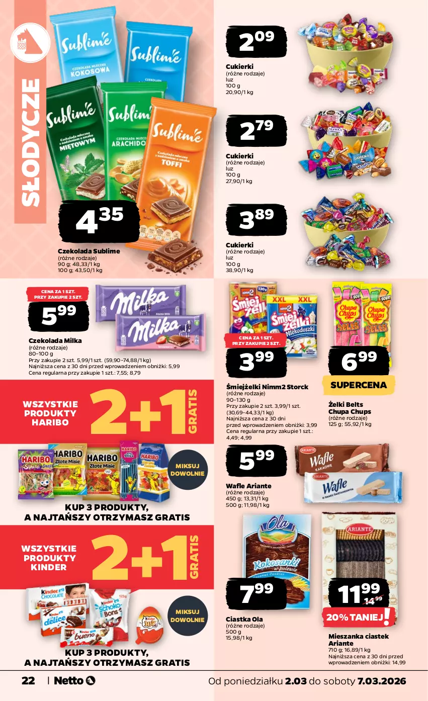 Gazetka promocyjna Netto - Od Poniedziałku - ważna 02.03 do 07.03.2026 - strona 22 - produkty: Chupa Chups, Ciastka, Cukier, Cukierki, Czekolada, Gra, Haribo, Kinder, Milka, Nimm2, Stek, Wafle