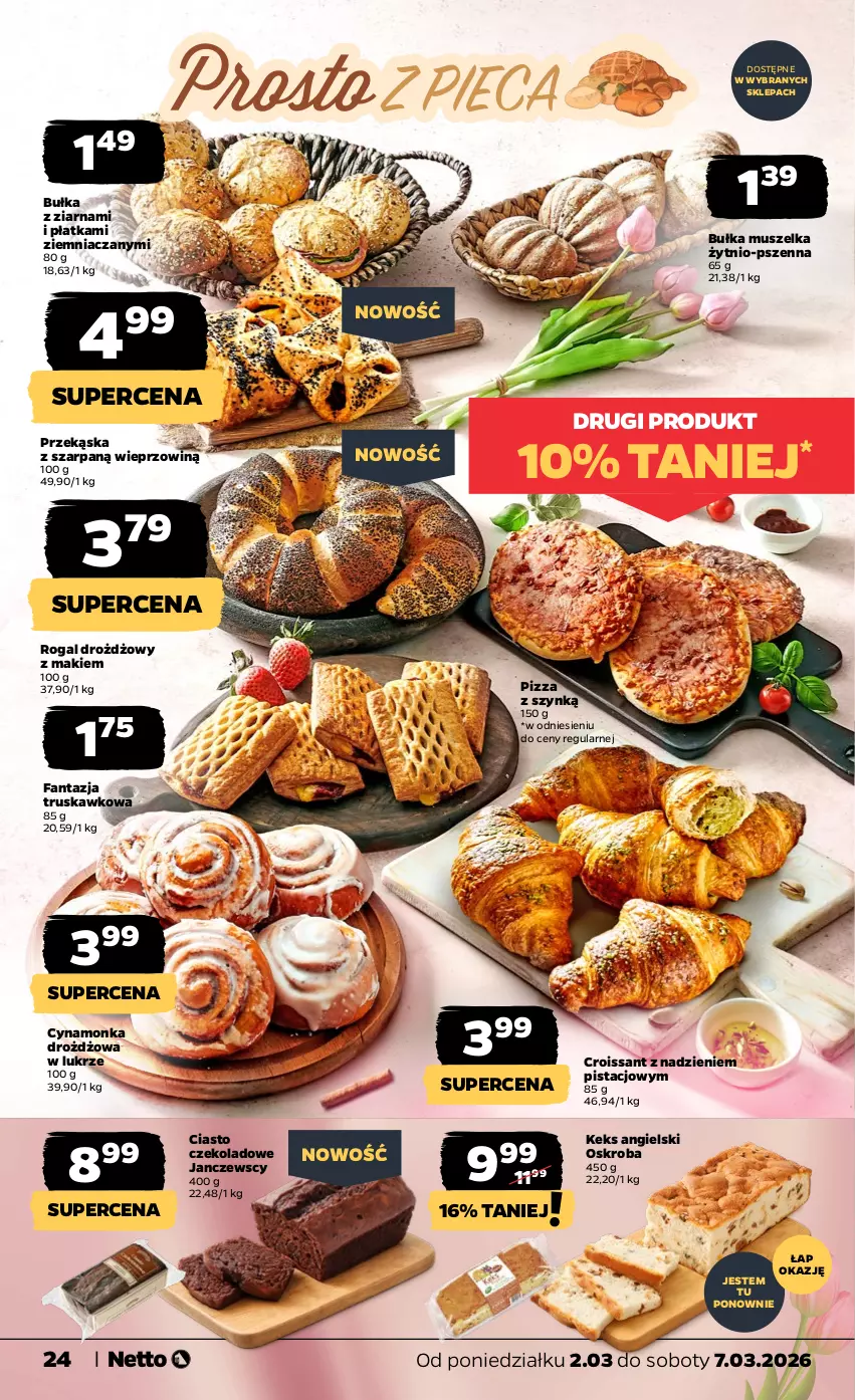 Gazetka promocyjna Netto - Od Poniedziałku - ważna 02.03 do 07.03.2026 - strona 24 - produkty: Bułka, Ciasto czekoladowe, Croissant, Fa, Fanta, Mus, Pizza, Rogal