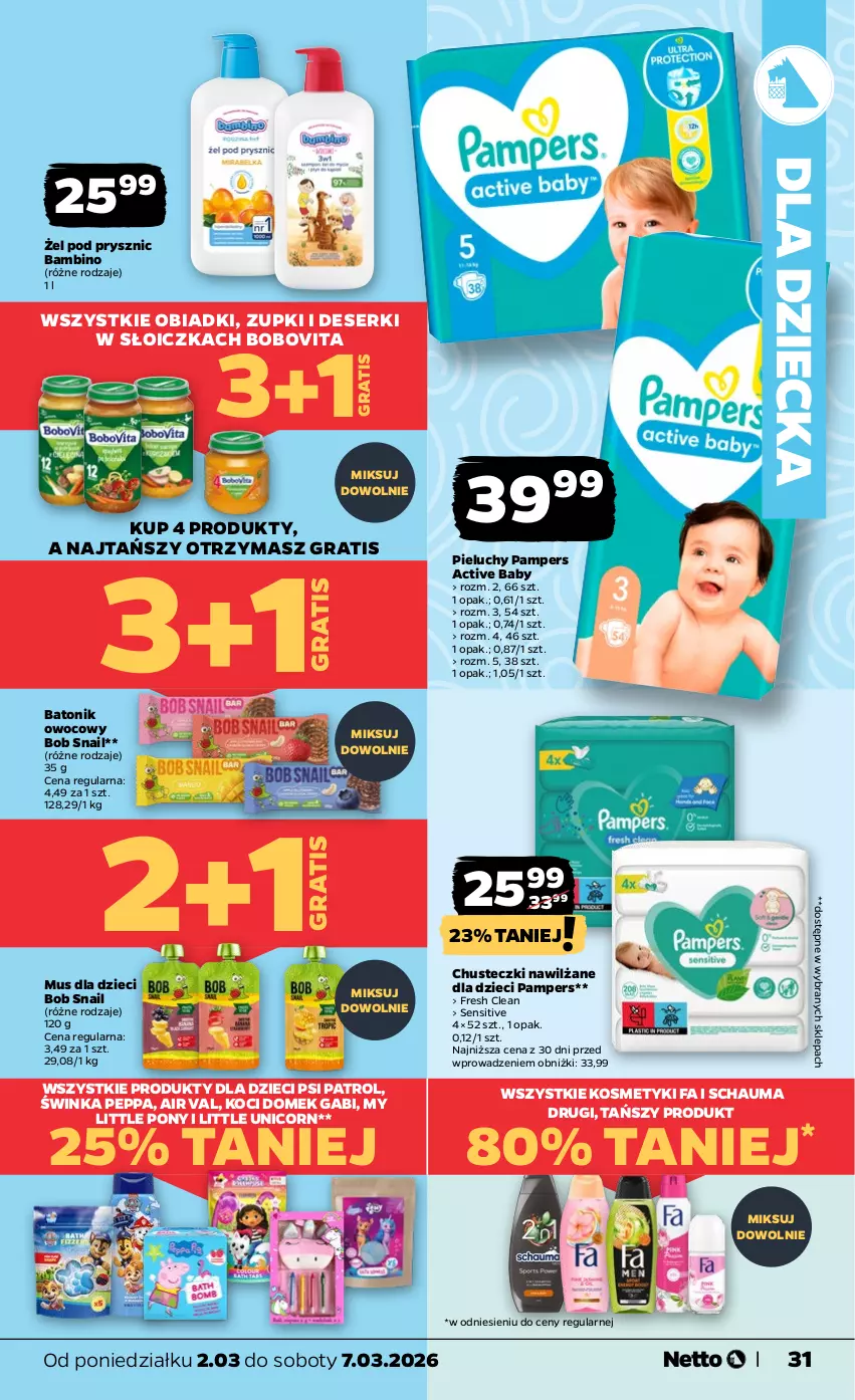 Gazetka promocyjna Netto - Od Poniedziałku - ważna 02.03 do 07.03.2026 - strona 31 - produkty: Baton, BoboVita, Chusteczki, Deser, Dzieci, Fa, Gra, Inka, Koc, Mus, My Little Pony, Pampers, Pieluchy, Psi Patrol, Schauma, Ser, Tonik