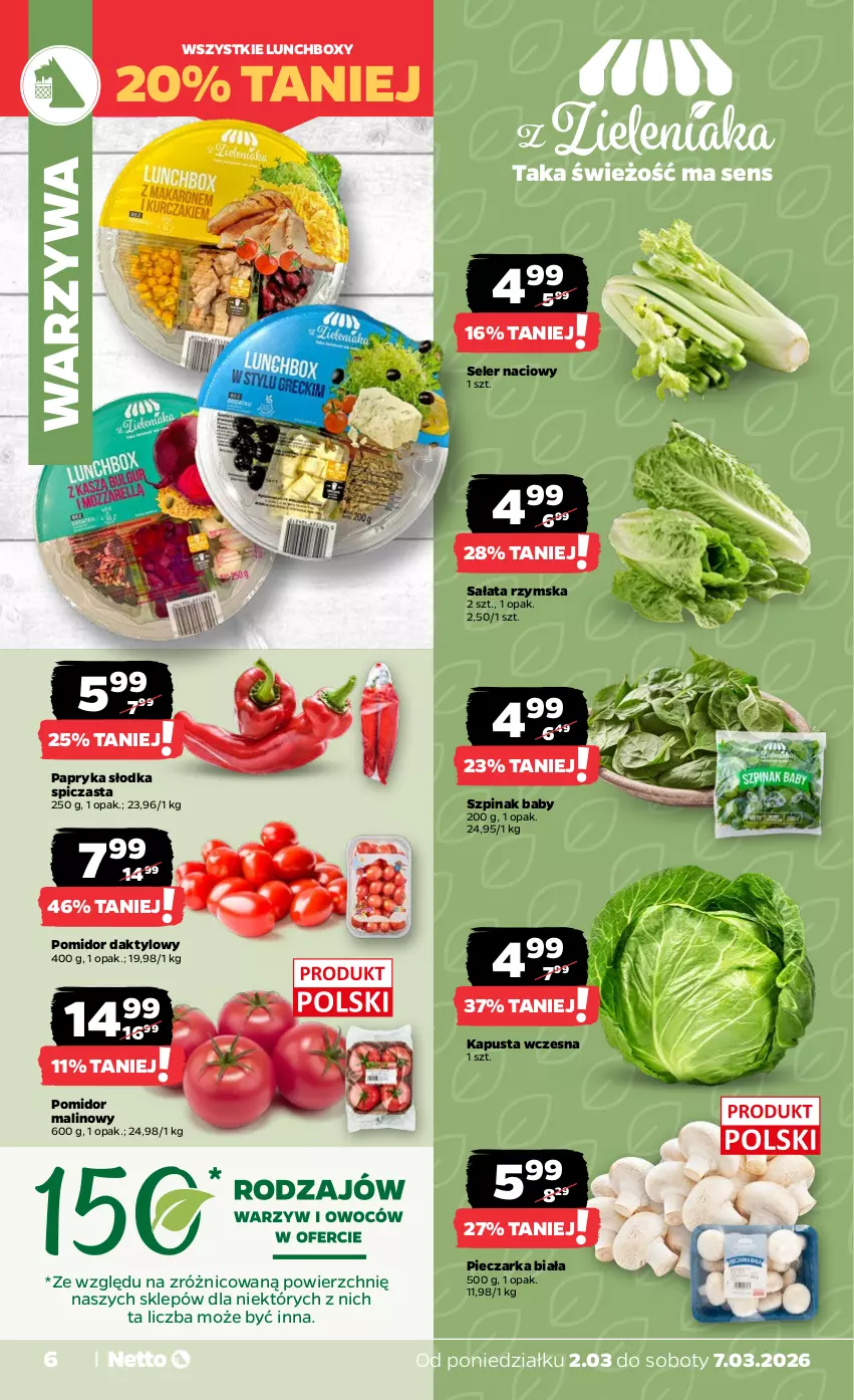Gazetka promocyjna Netto - Od Poniedziałku - ważna 02.03 do 07.03.2026 - strona 6 - produkty: Papryka, Papryka słodka, Piec, Pieczarka, Pomidor malinowy, Sałat, Seler naciowy, Szpinak, Wagi, Warzywa