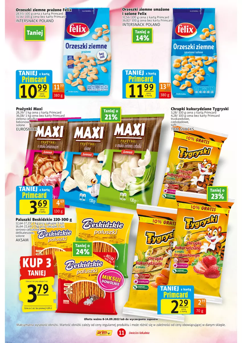 Gazetka promocyjna Prim Market - ważna 08.09 do 14.09.2022 - strona 11 - produkty: Aksam, Beko, Beskidzki, Chrupki, Felix, Gry, Orzeszki, Orzeszki ziemne, PSB, Ser, Sok