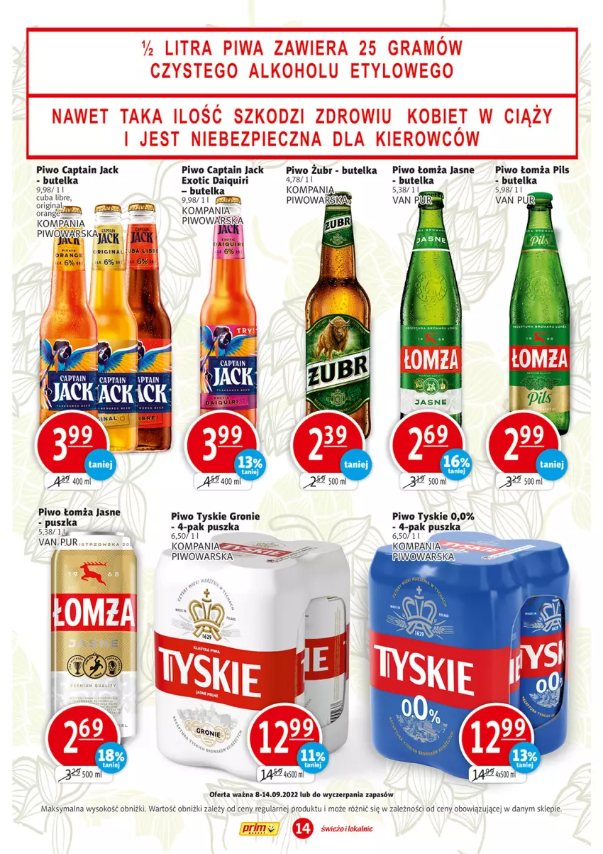 Gazetka promocyjna Prim Market - ważna 08.09 do 14.09.2022 - strona 14 - produkty: Captain Jack, Gra, Piec, Piwa, Piwo, Pur, Sok, Tyskie