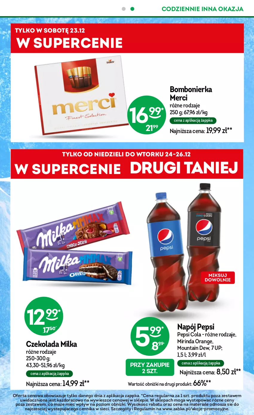 Gazetka promocyjna Żabka - ważna 20.12.2023 do 02.01.2024 - strona 3 - produkty: Czekolada, Merci, Milka, Mirinda, Napój, Pepsi, Sok