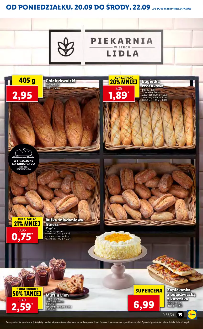 Gazetka promocyjna Lidl - GAZETKA - ważna 20.09 do 22.09.2021 - strona 15 - produkty: Bagietka, Bagietka czosnkowa, Bułka, Chleb, Danio, Kurczak, Lion, Piec, Zapiekanka