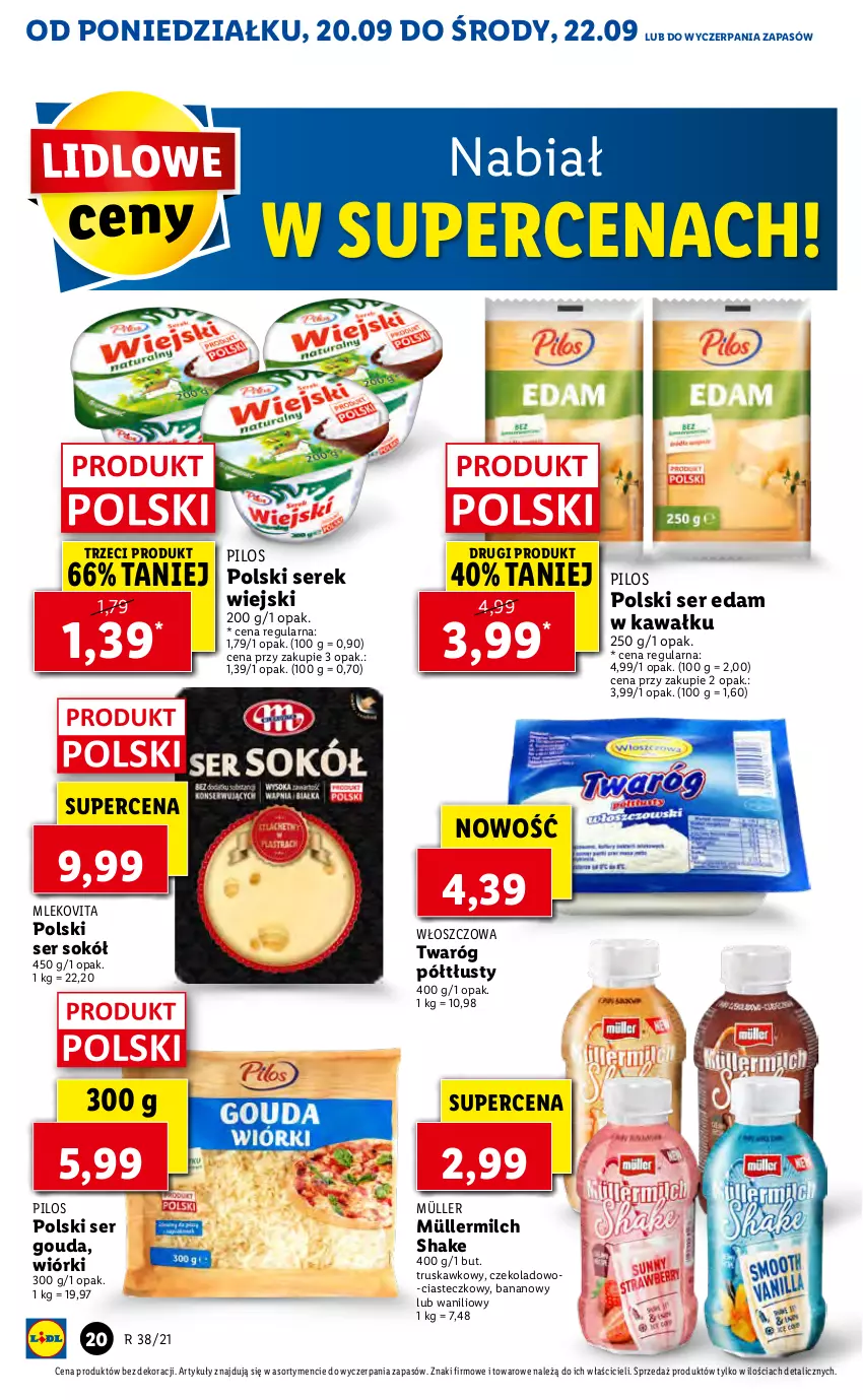 Gazetka promocyjna Lidl - GAZETKA - ważna 20.09 do 22.09.2021 - strona 20 - produkty: Edam, Gouda, Kawa, Mleko, Mlekovita, Müller, Müllermilch, Pilos, Ser, Serek, Serek wiejski, Sok, Sokół, Twaróg, Twaróg półtłusty