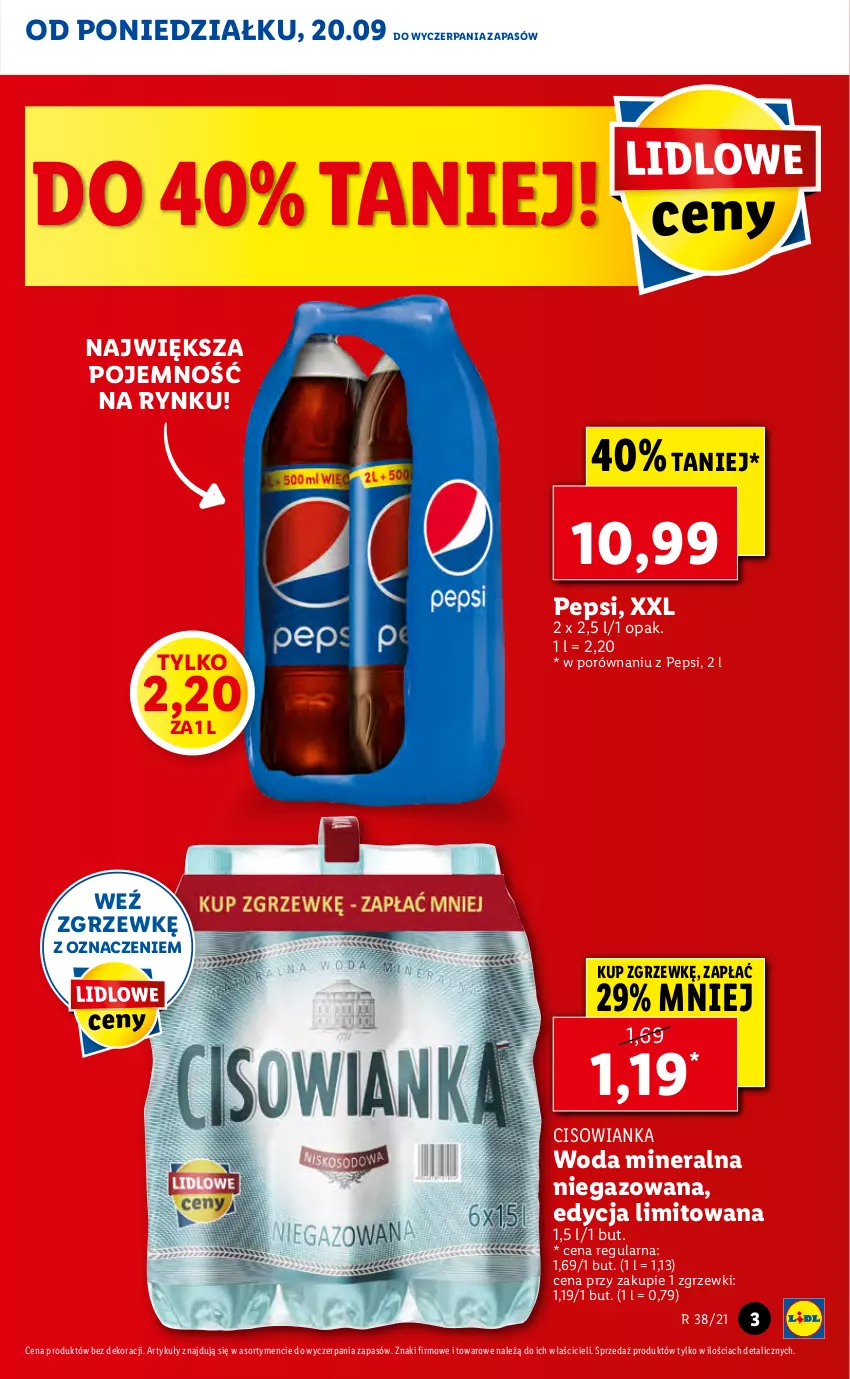 Gazetka promocyjna Lidl - GAZETKA - ważna 20.09 do 22.09.2021 - strona 3 - produkty: Cisowianka, Pepsi, Por, Woda, Woda mineralna