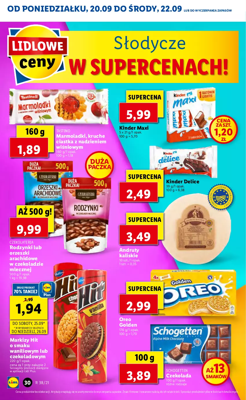 Gazetka promocyjna Lidl - GAZETKA - ważna 20.09 do 22.09.2021 - strona 30 - produkty: Ciastka, Czekolada, Kinder, Mola, Oreo, Orzeszki, Rodzynki, Schogetten