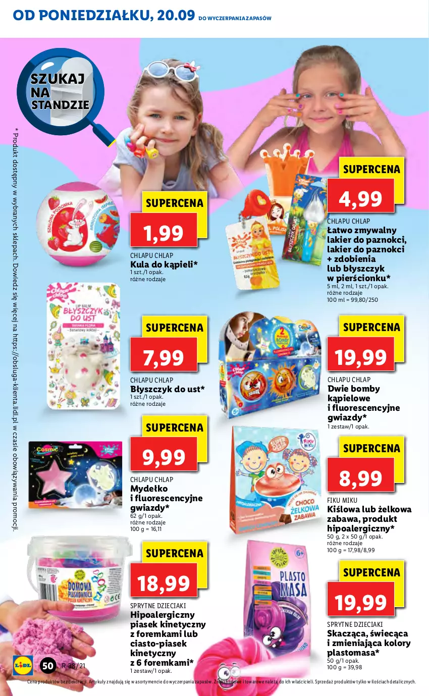 Gazetka promocyjna Lidl - GAZETKA - ważna 20.09 do 22.09.2021 - strona 50 - produkty: Błyszczyk do ust, Dzieci, Kula do kąpieli, Lakier, Lakier do paznokci, Piasek kinetyczny