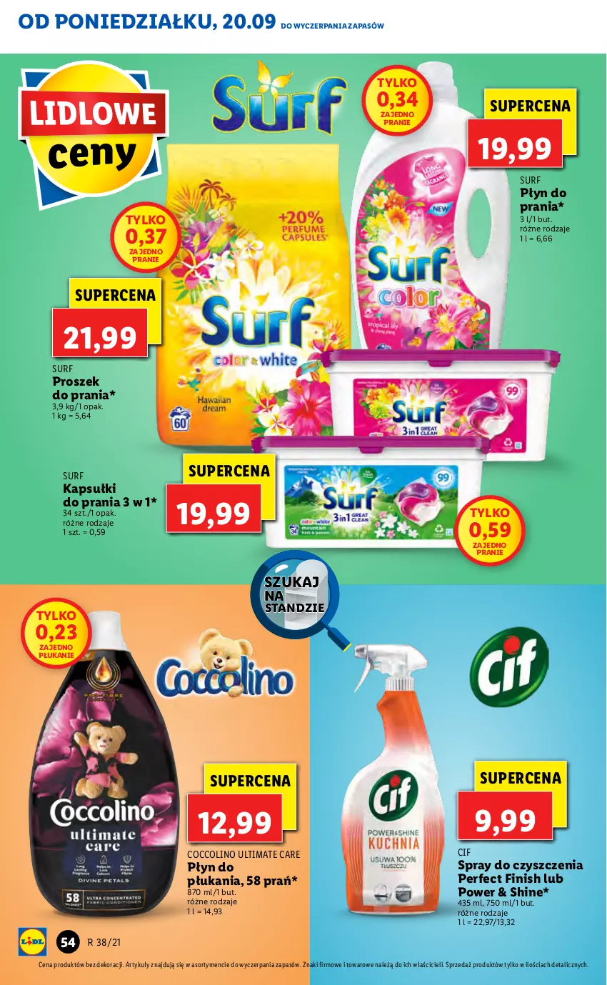 Gazetka promocyjna Lidl - GAZETKA - ważna 20.09 do 22.09.2021 - strona 54 - produkty: Cif, Coccolino, Finish, Kapsułki do prania, Płyn do płukania, Płyn do prania, Proszek do prania, Spray do czyszczenia, Surf