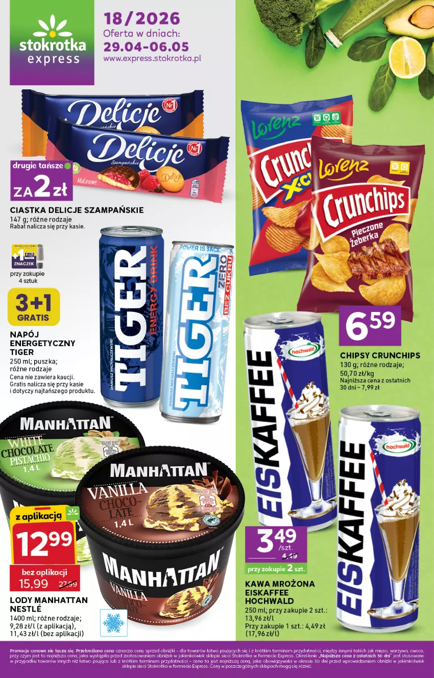 Gazetka promocyjna Stokrotka - Stokrotka Express - ważna 29.04 do 06.05.2026 - strona 1 - produkty: Ciastka, Delicje, Fa, Gra, Lody, Napój, Napój energetyczny, Owoce, Tiger, Warzywa