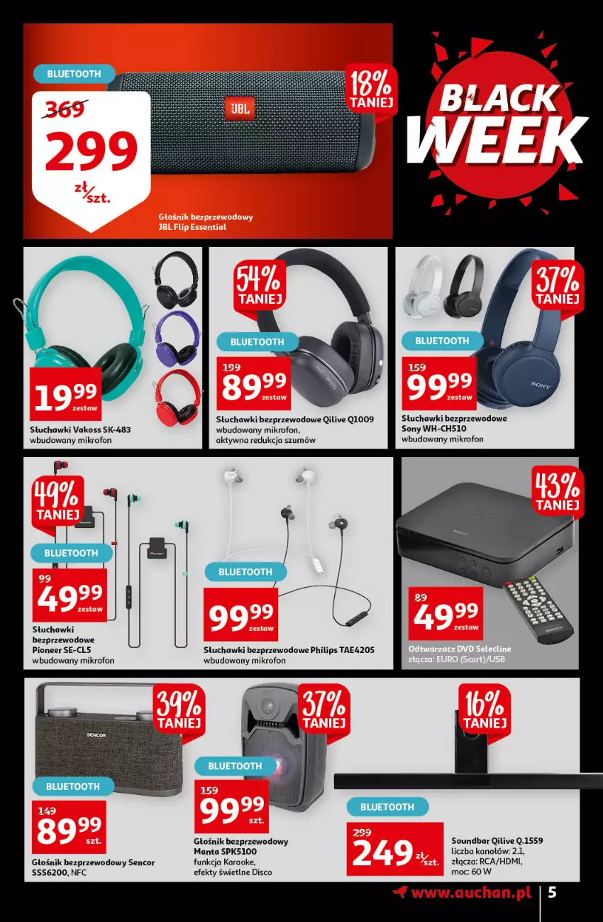 Gazetka promocyjna Auchan - Black Week - ważna 22.11 do 28.11.2021 - strona 5 - produkty: Głośnik, Manta, Mikrofon, Philips, Sencor, Słuchawki, Słuchawki bezprzewodowe, Sony, Soundbar