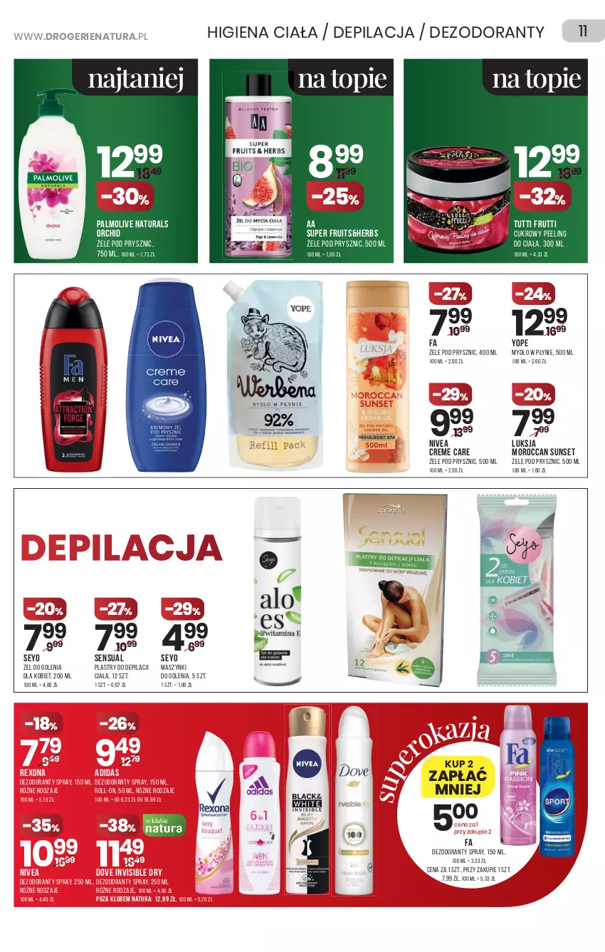 Gazetka promocyjna Drogerie Natura - Gazetka Drogerie Natura - ważna 06.05 do 19.05.2021 - strona 11 - produkty: Adidas, Cukrowy peeling, Dezodorant, Dove, Fa, Luksja, Mydło, Mydło w płynie, Nivea, Palmolive, Peeling, Plastry do depilacji, Rexona, Sensual, Top, Yope